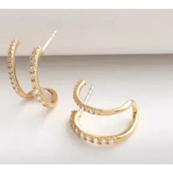 Madewell Double Huggie Hoop Pave Demi Fine Earrings Sterling Silver NWT - Picture 1 of 4